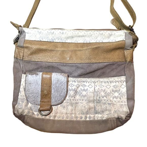 Myra Bag Tribe Strip Upcycled Canvas & Leather Aztec Crossbody Shoulder Purse - Picture 2 of 14